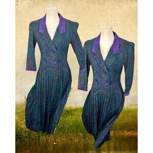 Vintage 90s KC Spencer Purple Green Paisley Boho Victorian Style Shirt Dress 6